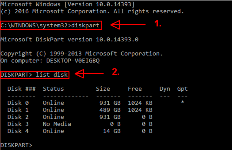 Step 2: Enter list disk to display all storage devices on your computer