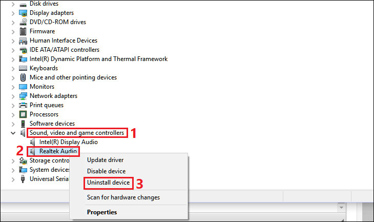 Bạn chọn Sound, video and game controllers > Nhấn chuột phải vào biểu tượng Realtek Audio > Chọn Uninstall device Bạn chọn Sound, video and game controllers > Nhấn chuột phải vào biểu tượng Realtek Audio > Chọn Uninstall device