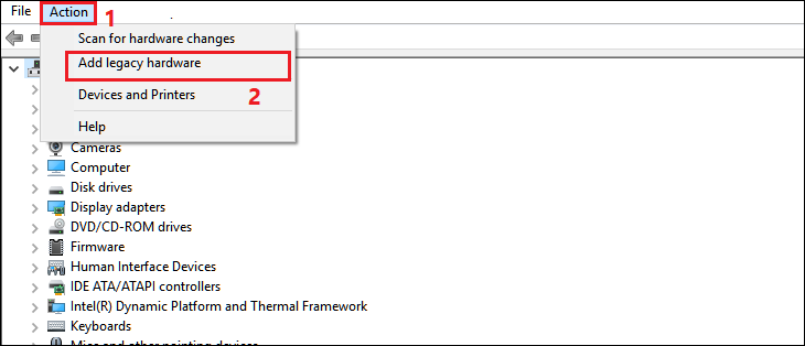 Khởi động lại máy tính > Bạn mở Device Manager (tương tự bước 2) > Chọn Action > Chọn Add legacy hardware Khởi động lại máy tính > Bạn mở Device Manager (tương tự bước 2) > Chọn Action > Chọn Add legacy hardware