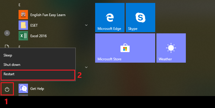 Chọn nút nguồn > Nhấn Restart Chọn nút nguồn > Nhấn Restart