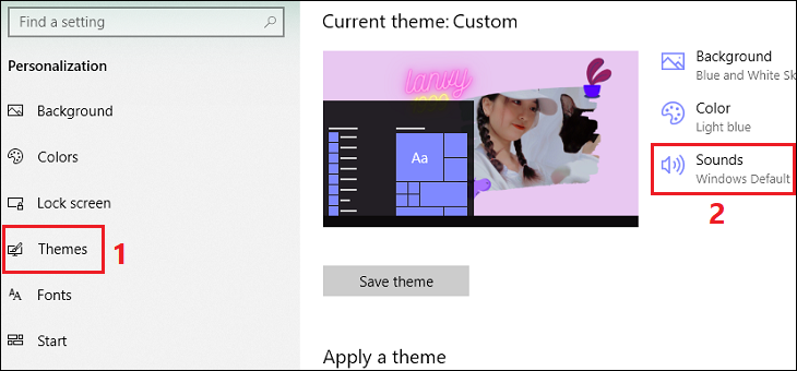 Bạn chọn thẻ Themes > Chọn mục Sounds Bạn chọn thẻ Themes > Chọn mục Sounds