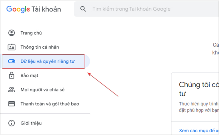 Bạn hãy chọn mục Dữ liệu và quyền riêng tư.