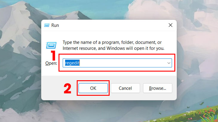 Bấm tổ hợp phím Start + R > Nhập regedit vào ô Open > nhấn OK