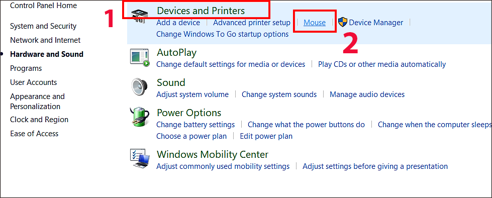 Trong mục Devices and Printers, nhấn chọn Mouse