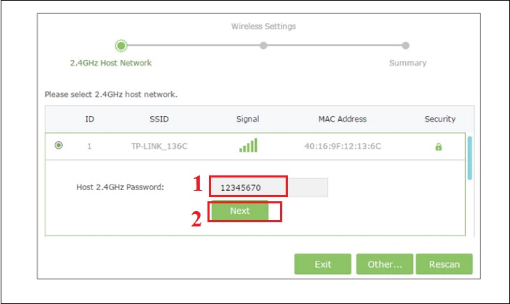 Chọn Tên mạng wifi tổng mà bạn đang sử dụng, rồi nhập mật khẩu của mạng wifi đó và nhấn nút Tiếp theo (Next).