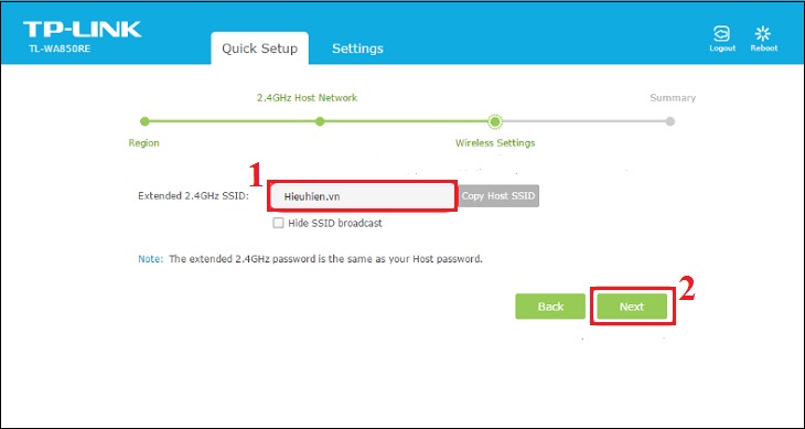 Đặt Tên cho bộ mở rộng sóng wifi TP-Link (nếu muốn) > chọn nút Tiếp theo (Next) > chọn Lưu (Save) > chọn Hoàn thành (Finish). 
