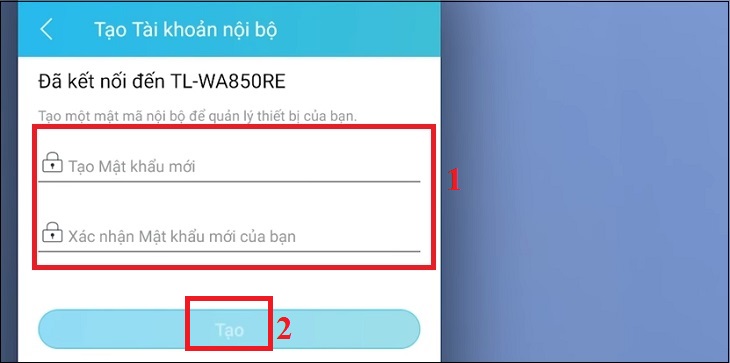 thay đổi mật khẩu cho bộ mở rộng wifi TP-Link, nhấn vào nút Tạo 