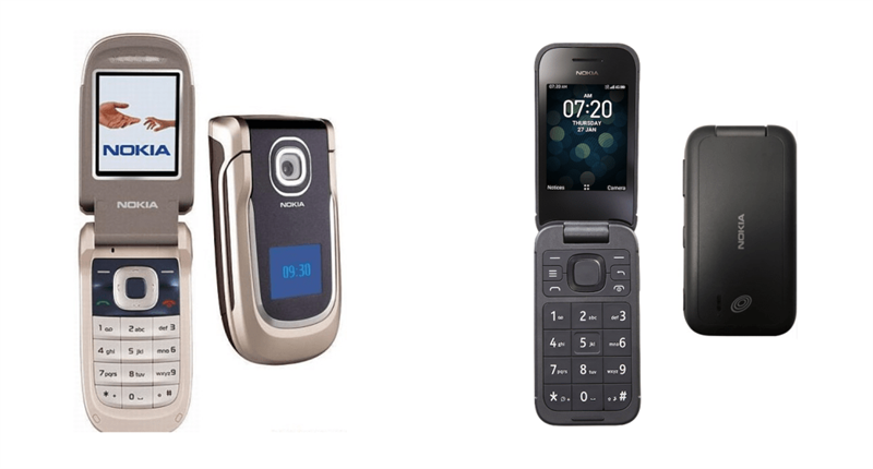 So sánh thiết kế Nokia 2760 năm 2007 (Trái) và 2760 Flip mới (Phải).