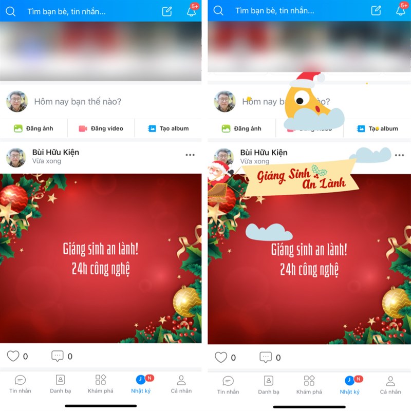 Cách tạo trạng thái Zalo có hình nền và hiệu ứng Giáng sinh