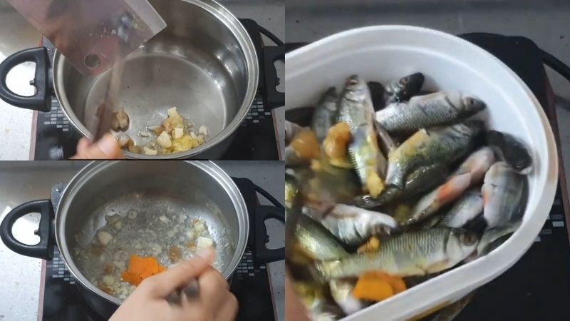 Phi thơm tỏi và nghệ để tạo màu và đổ vào cá đã ướp gia vị