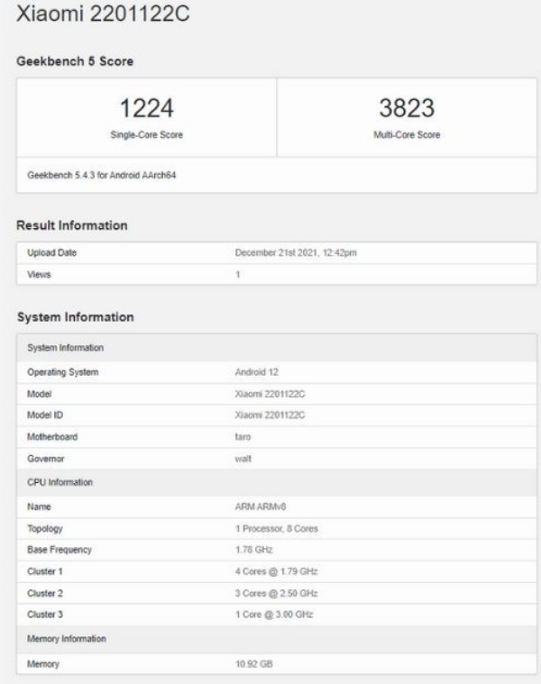 Xiaomi 2201122C xuất hiện trên Geekbench được cho là số model của Xiaomi 12 Pro