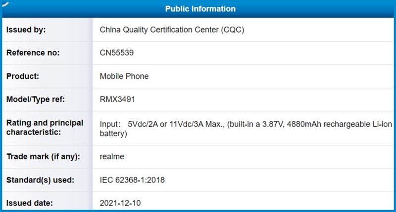 Số model RMX3491 trên CQC được cho là của Realme 9i