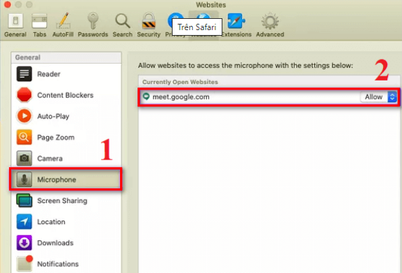 Đối với trình duyệt Safari, bạn hãy chọn Preferences sau đó chọn tiếp tab Websites và chọn microphone