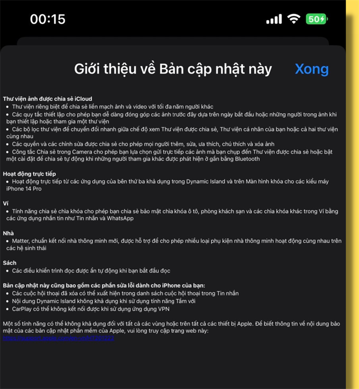 Những ghi chú của Apple cho bản cập nhật iOS 16.1 chính thức.