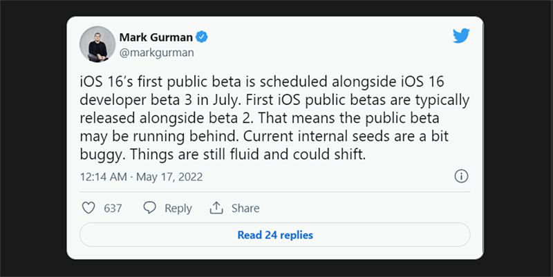 Bản Public Beta của iOS 16 sẽ được trình làng vào tháng 7 tới. Nguồn: MacRumors.