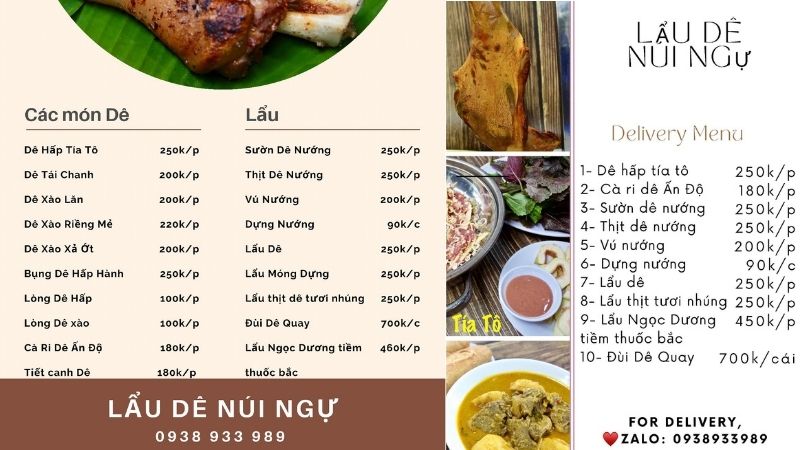 Menu quán Lẩu dê Núi Ngự