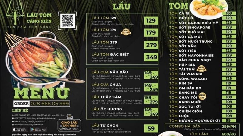 Menu quán lẩu tôm càng xiên