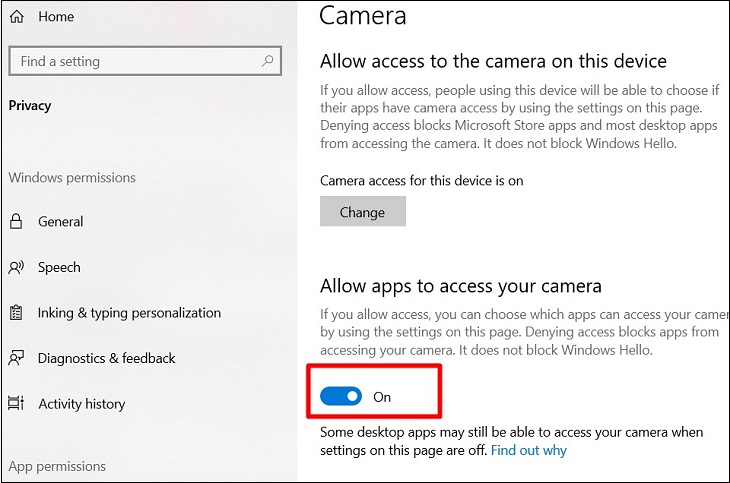 Tại trang Settings, bật tùy chọn Allow apps to access your camera.