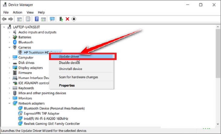 Mở rộng mục Camera rồi nhấp chuột phải driver webcam và chọn Update Driver.