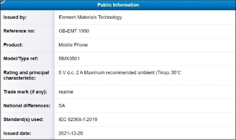 Realme C31 được phát hiện trên chứng nhận NBTC