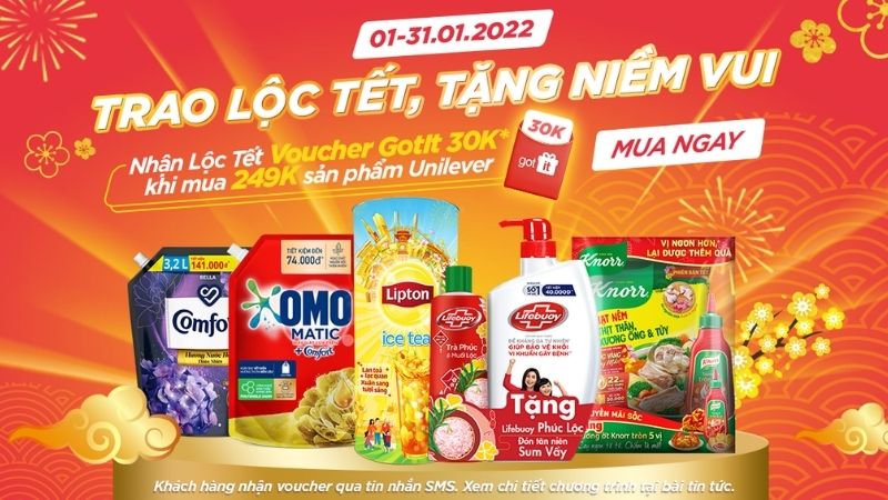 Lộc tết trao tay: nhận ngay Voucher GOTIT 30K khi mua 249K sản phẩm Unilever