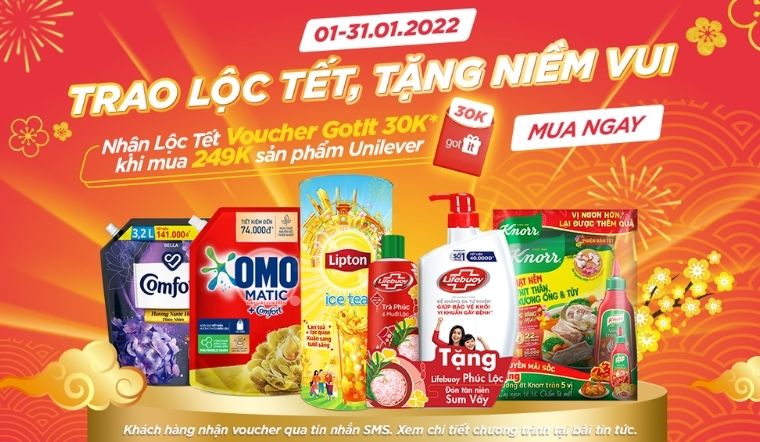 Lộc tết trao tay: nhận ngay Voucher GOTIT 30K khi mua 249K sản phẩm Unilever