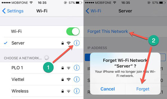 iPhone chuyển sang màn hình mới, chọn Forget this Network