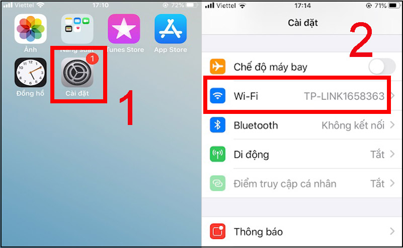 mở iPhone, chọn Settings (Cài đặt) > Wifi