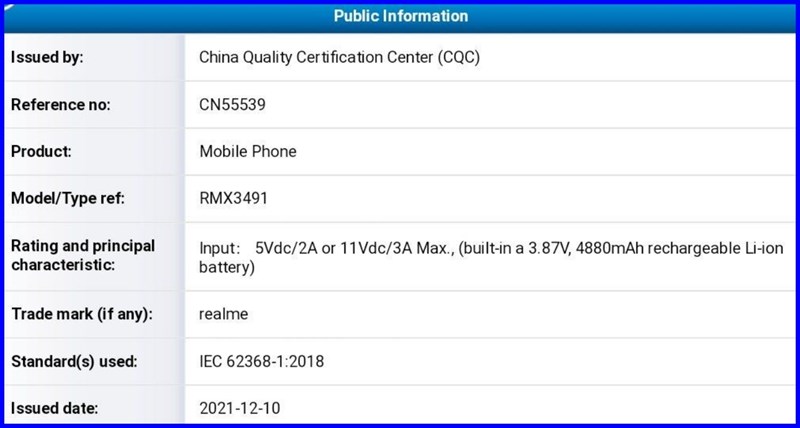 Realme 9i (RMX3491) đạt chứng nhận CQC