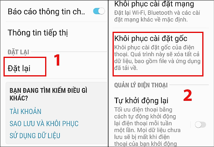 Nhấn chọn Đặt lại  Nhấn chọn khôi phục cài đặt gốc.