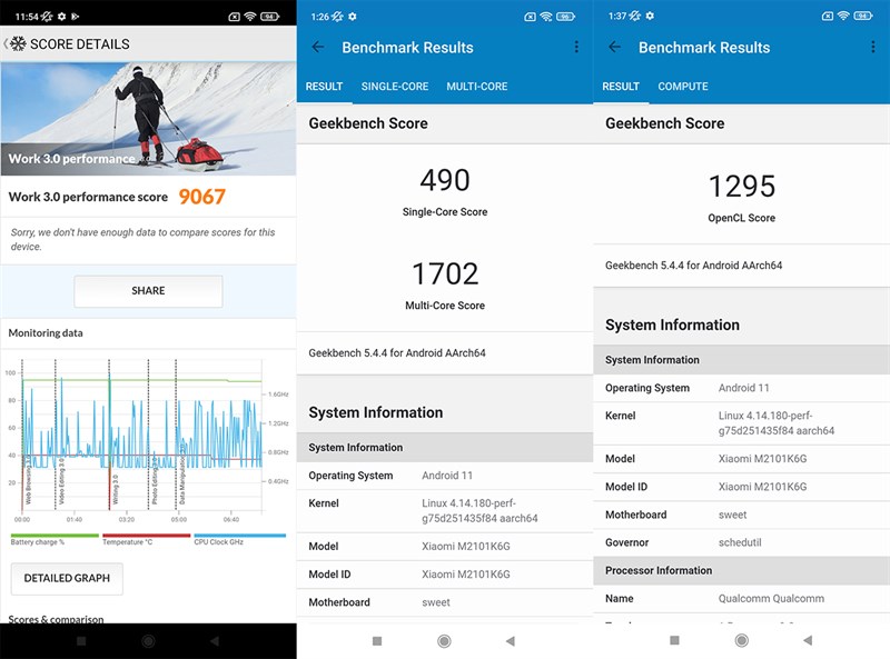 Kết quả bài test hiệu năng của Xiaomi Redmi Note 10 Pro với phần mềm PCMark (bên trái) và GeekBench 5 (bên phải)