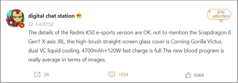 Redmi K50 Gaming Edition đi kèm với bộ vi xử lý Snapdragon 8 Gen 1, sạc nhanh 120W