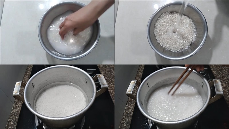 Vo gạo và cho vào nồi nấu cháo