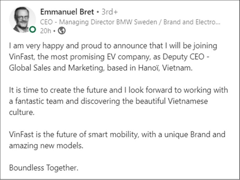 Cựu CEO BMW Thụy Điển tuyên bố đầu quân cho VinFast