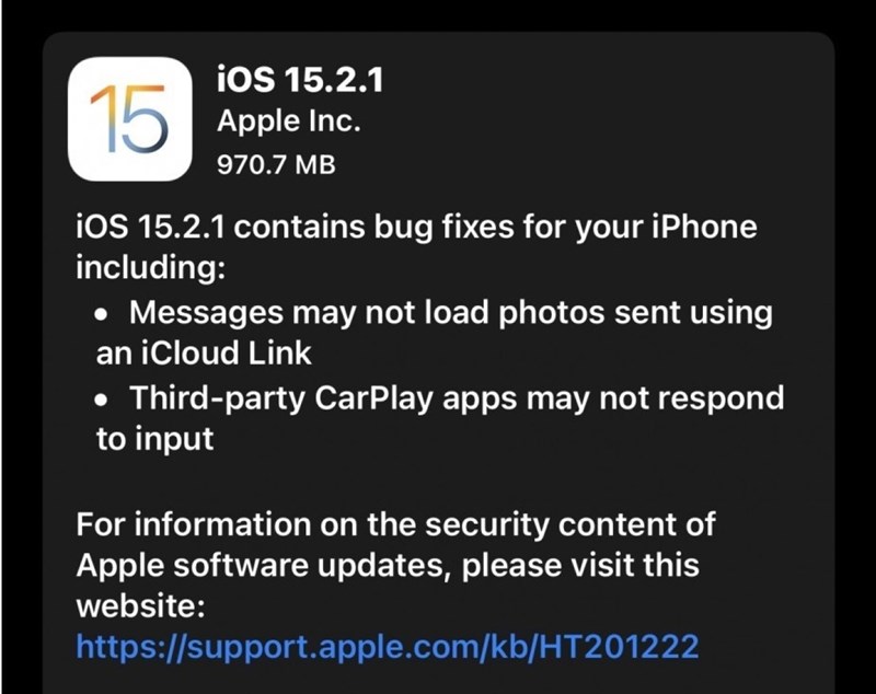 Apple phát hành iOS 15.2.1 và iPadOS 15.2.1