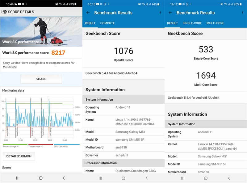 Kết quả bài test hiệu năng của Galaxy M51 với phần mềm PCMark (bên trái) và GeekBench 5 (bên phải)