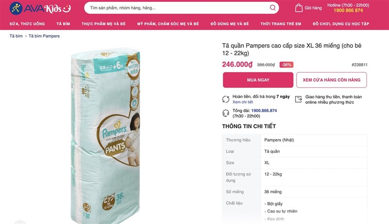 Sản phẩm trên web AVAKids cho phép mua online hoặc nhận hàng tại cửa hàng