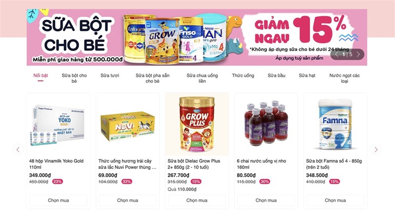 Khu vực sản phẩm sữa bột trên web AVAKids