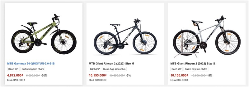 Các sản phẩm trên trang chủ hiển thị thông số cơ bản