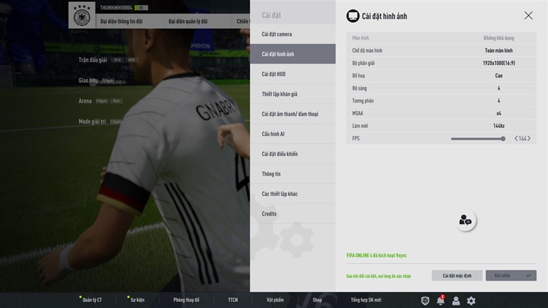 Thiết lập đồ họa trong FIFA Online 4 mà mình chỉnh để test hiệu năng HP Gaming VICTUS 16 e0170AX R7.