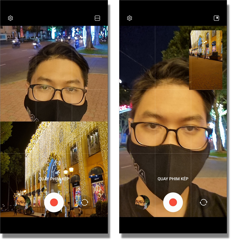 Hiện tính năng Dual Recording trên Galaxy S21 FE 5G chỉ hỗ trợ chế độ khung hình song song (bên trái) và khung nhỏ, khung lớn (bên phải).