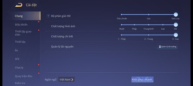 Thiết lập đồ hoạ tựa game Liên Quân Mobile để test pin Galaxy S20 FE
