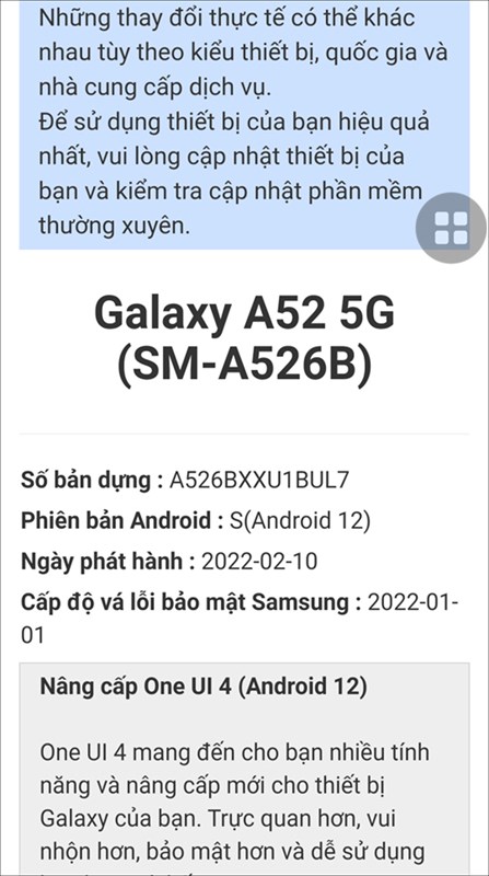 Cập nhật Android 12 Galaxy A52 5G