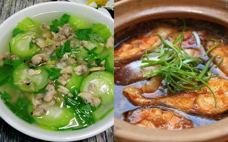 Canh mướp nấu nghêu, cá bông lau kho nghệ