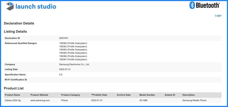 Galaxy A22e 5G được Bluetooth SIG phê duyệt