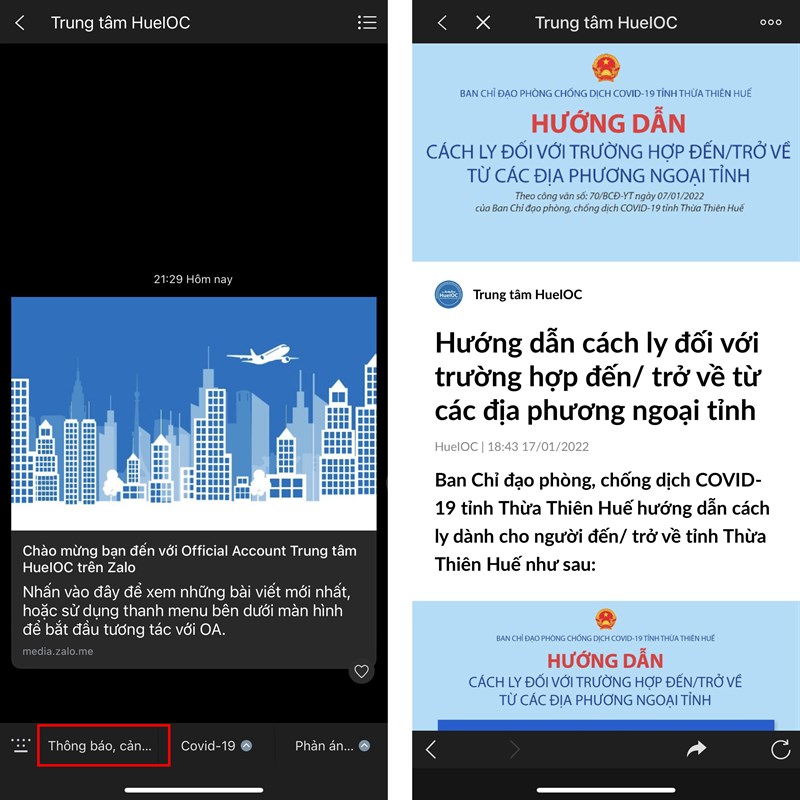 Cách xem thông tin cách ly các tỉnh trên Zalo