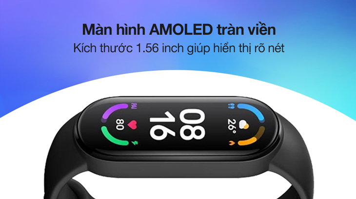 Vòng đeo tay thông minh Mi Band 6 được trang bị màn hình AMOLED, cho khả năng hiển thị sắc nét.