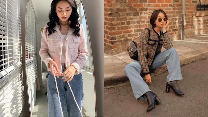 Áo dạ tweed cùng quần jeans tạo nên phong cách trẻ trung, sang chảnh