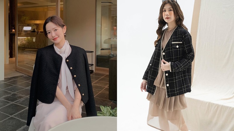 Áo dạ tweed cùng váy liền thân sẽ tạo nên phong cách nhẹ nhàng, nền nã mà không kém phần sành điệu