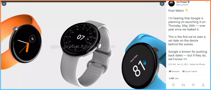Leaker Jon Prosser tiết lộ thời điểm Google ra mắt Pixel Watch